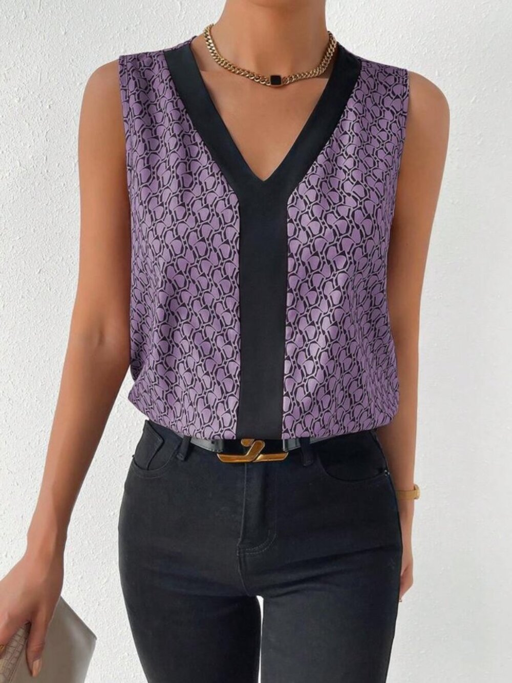 SHEIN Dusty Purple Geometric Print Colorblock V-Neck Sleeveless Blouse Small